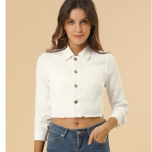 Allegra K M NWT WHITE DENIM RAW HEM LIGHTWEIGHT CROPPED DENIM JACKET - Picture 1 of 11